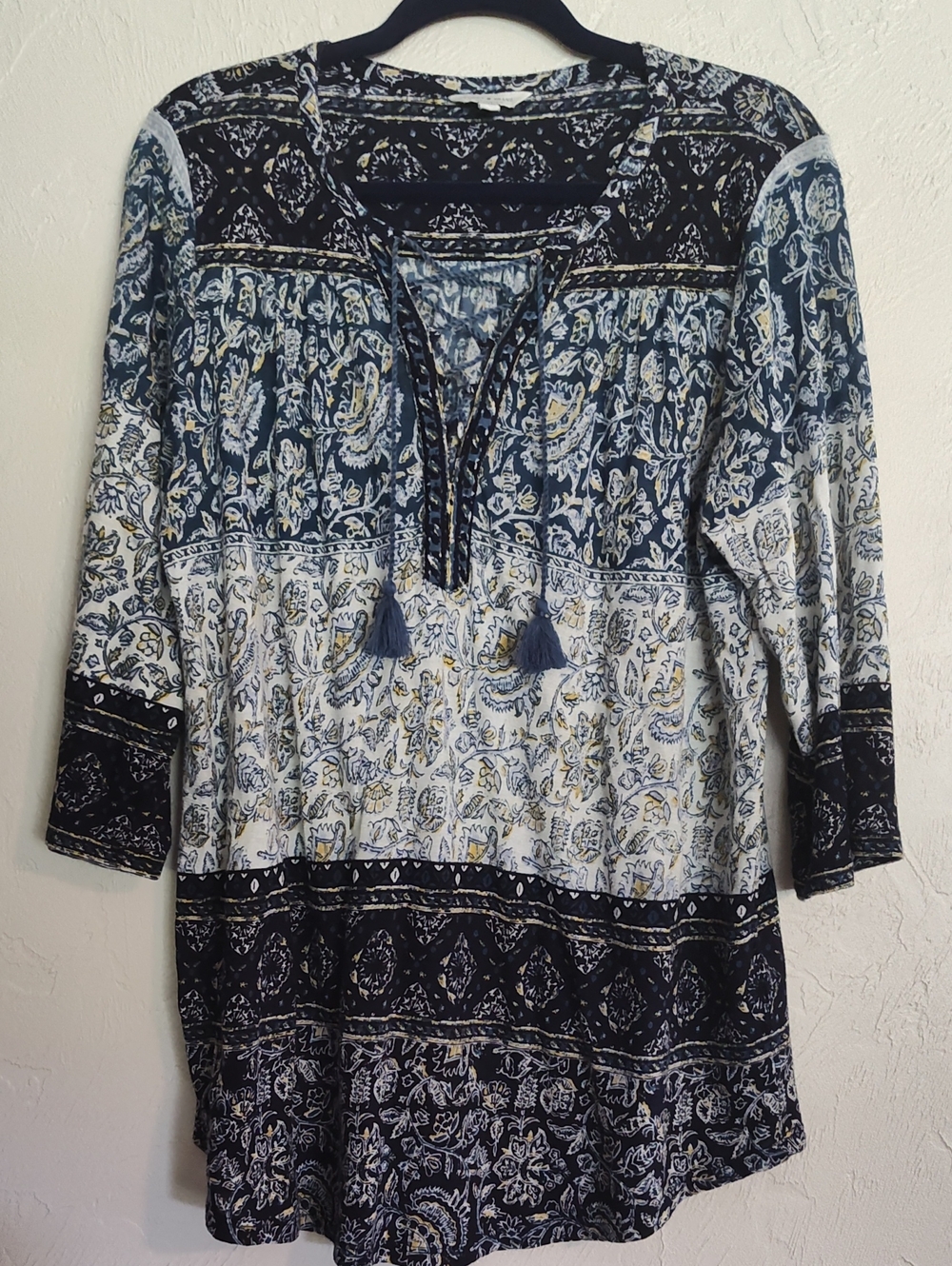 Lucky Brand Navy and Cream Paisley Tassel Tunic